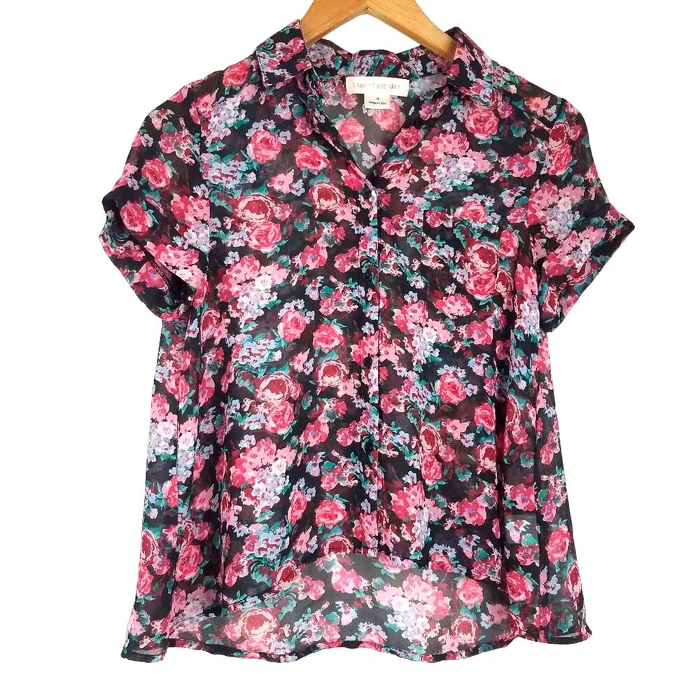Anthropologie | Sheer Floral Short Sleeve Top Roses Red Green Black XS